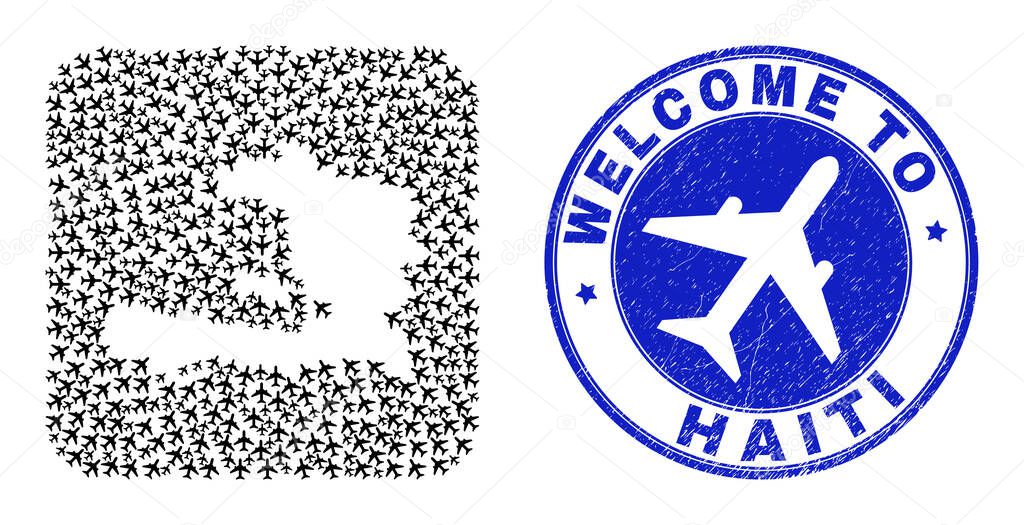 Welcome Rubber Stamp Seal and Haiti Map Air Vehicle Inverted Mosaic