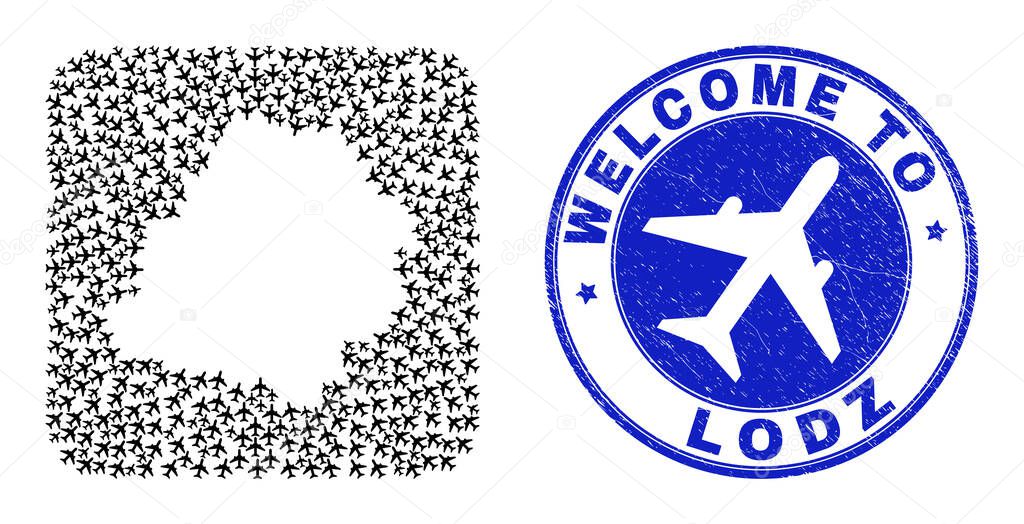 Welcome Watermark Stamp and Lodz Voivodeship Map Aviation Stencil Mosaic