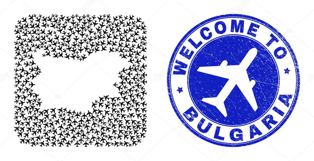 Welcome Watermark Seal and Bulgaria Map Air Plane Hole Mosaic