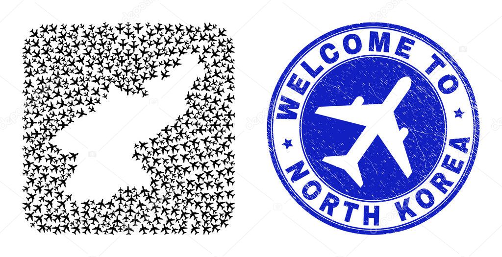 Welcome Rubber Stamp Seal and North Korea Map Tourism Subtracted Mosaic