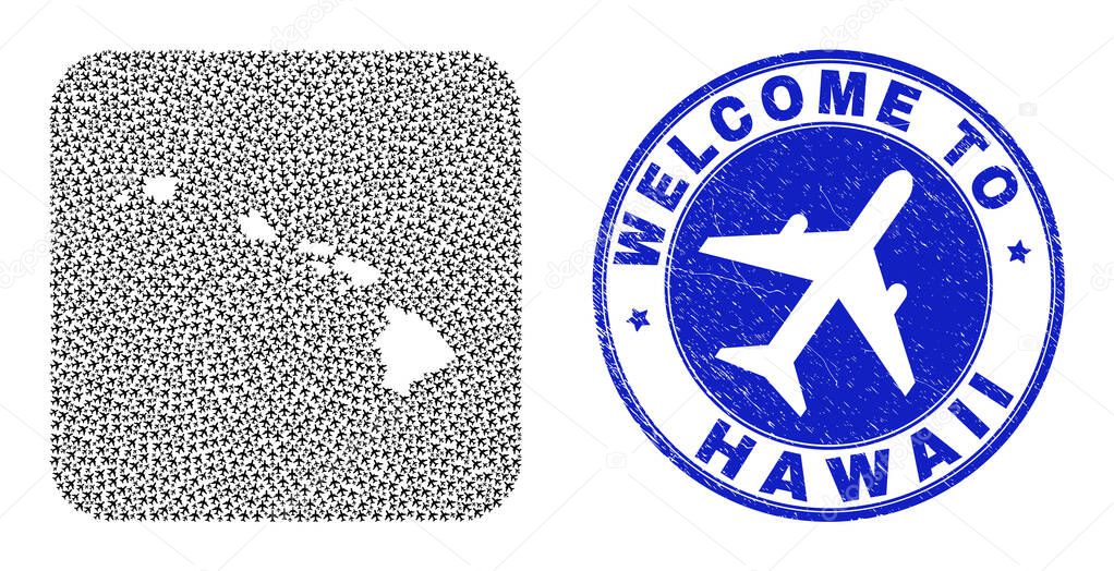 Welcome Watermark Badge and Hawaii State Map Aircraft Inverted Mosaic