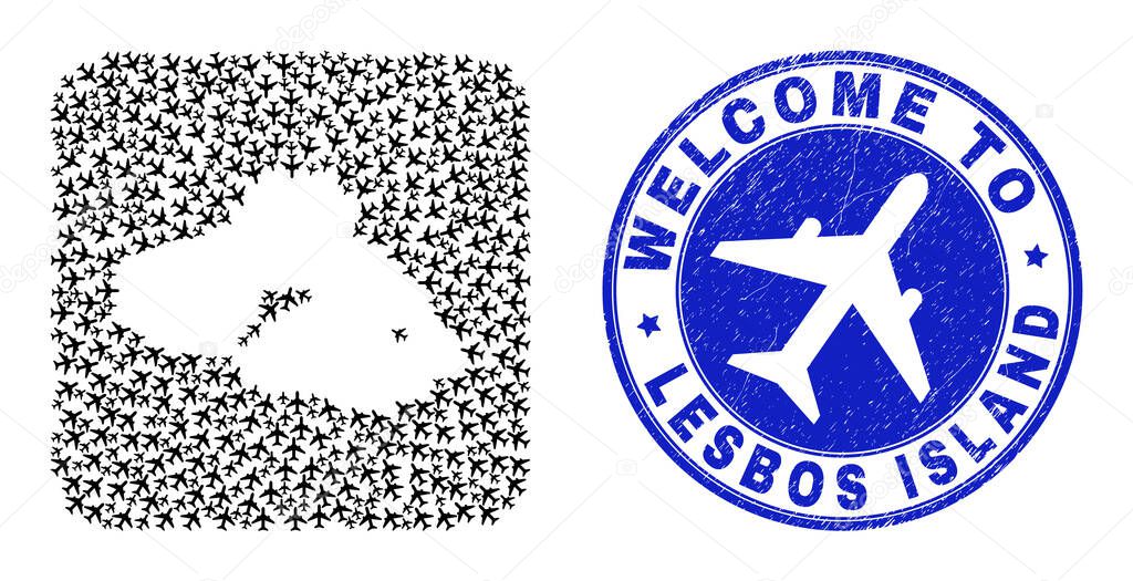 Welcome Scratched Badge and Lesbos Island Map Airline Hole Mosaic