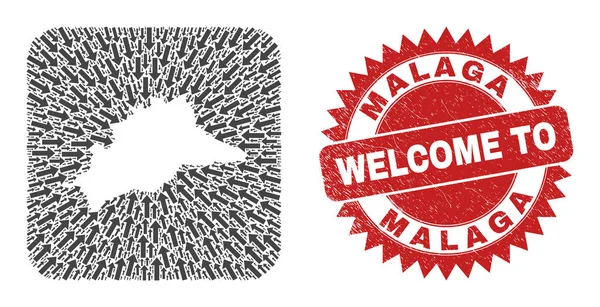 Welcome Grunge Stamp and Malaga Province Map Motion Ανεστραμμένο Μωσαϊκό — Διανυσματικό Αρχείο