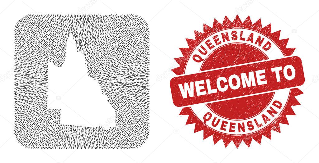 Welcome Grunge Stamp Seal and Australian Queensland Map Moving Hole Mosaic