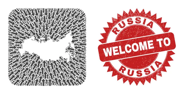 Welcome Rubber Badge and Russia Χάρτης Κατεύθυνση αφαιρούμενο Μωσαϊκό — Διανυσματικό Αρχείο