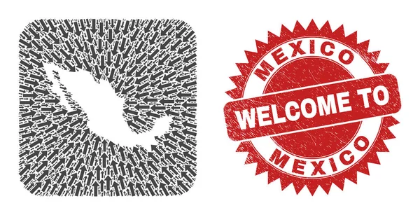 Welcome Grunge Badge y México Mapa de navegación Mosaico restado — Archivo Imágenes Vectoriales