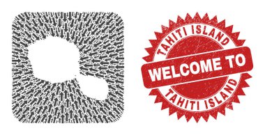 Hoş Geldiniz Çizilmiş Rozet ve Tahiti Adası Harita Oku Şablon Mozaiği