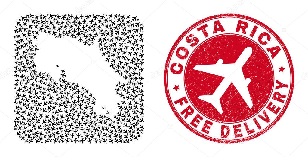 Free Delivery Rubber Stamp and Costa Rica Map Air Plane Subtracted Mosaic