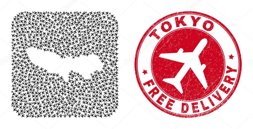 Free Delivery Grunge Stamp and Tokyo Prefecture Map Airplane Stencil Mosaic