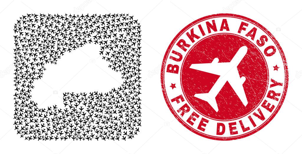 Free Delivery Grunge Stamp Seal and Burkina Faso Map Aeroplane Hole Mosaic