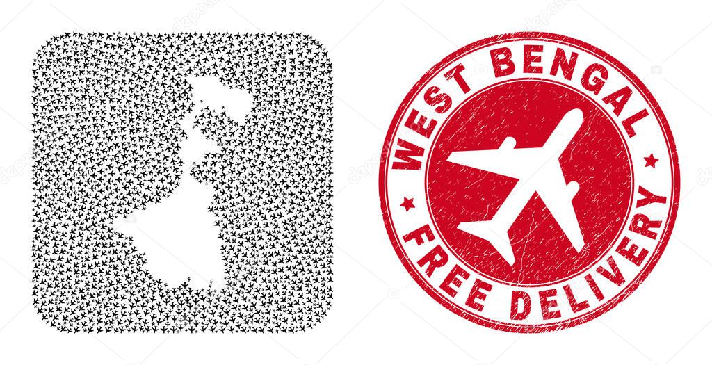 Free Delivery Scratched Badge and West Bengal State Map Airplane Inverted Mosaic