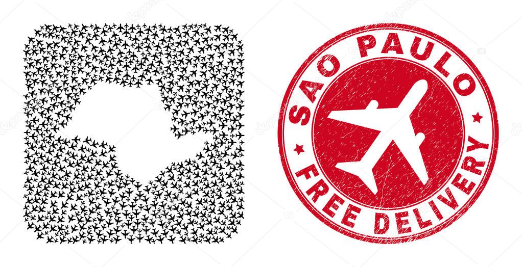 Free Delivery Watermark Seal and Sao Paulo State Map Aircraft Hole Mosaic