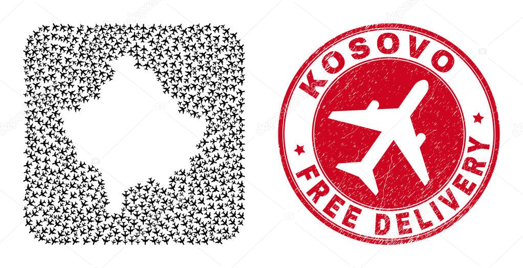 Free Delivery Watermark Stamp Seal and Kosovo Map Air Plane Inverted Mosaic