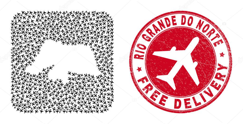 Free Delivery Scratched Stamp and Rio Grande Do Norte State Map Aviation Stencil Mosaic