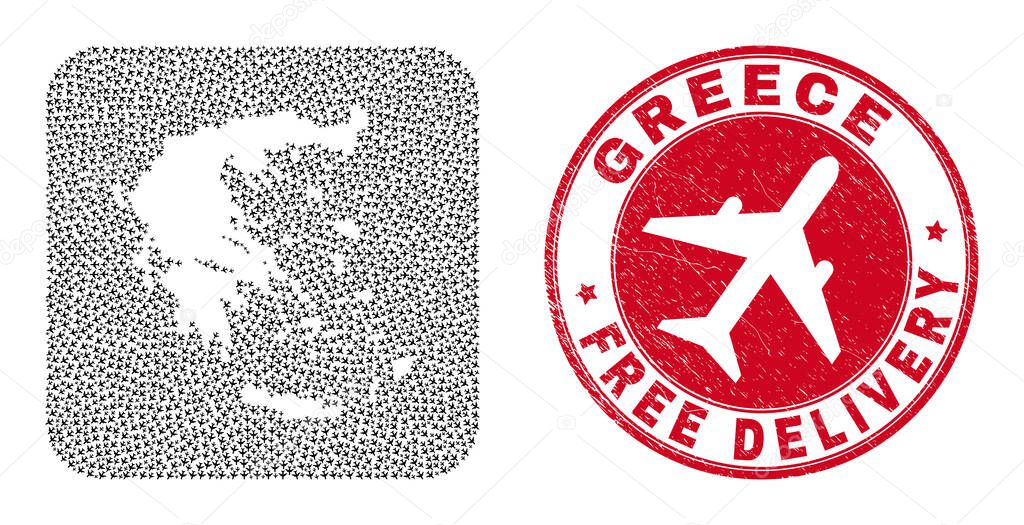 Free Delivery Rubber Badge and Greece Map Aviation Inverted Mosaic