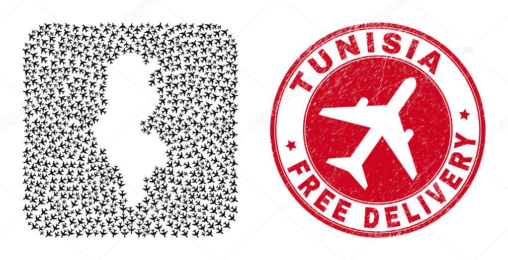 Free Delivery Rubber Stamp Seal and Tunisia Map Jet Vehicle Subtracted Mosaic