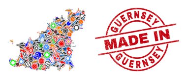 Guernsey Adası Hizmet Kolajı Haritası ve Grunge Lastik Damgası