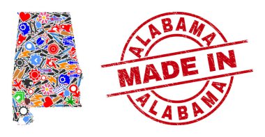 Bileşen Kolajı Alabama Eyaleti Haritası ve Grunge Lastik Damgası Yapımı