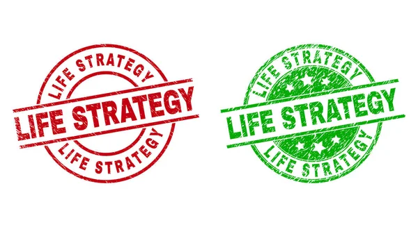 LIFE STRATEGY Rundbriefmarken mit zerkratzter Textur — Stockvektor