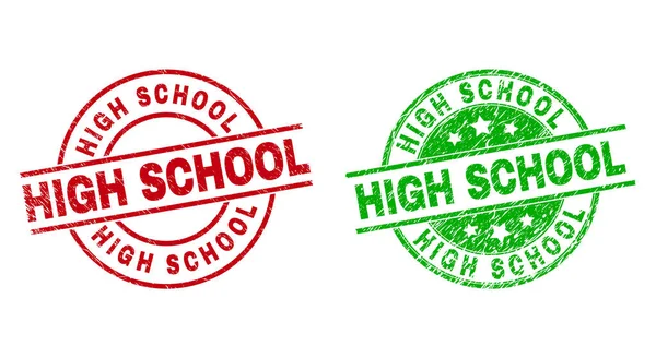 HOGE SCHOOL Ronde postzegels met behulp van Noodtextuur — Stockvector
