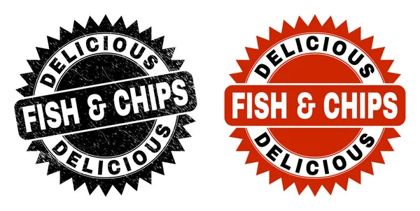 DELICIOUS FISH y CHIPS sello de roseta negra con textura corroída — Vector de stock