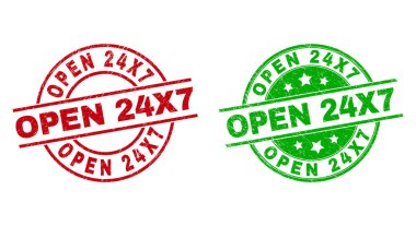 OPEN 24X7 Round Stamp Seals with Scratched Style clipart
