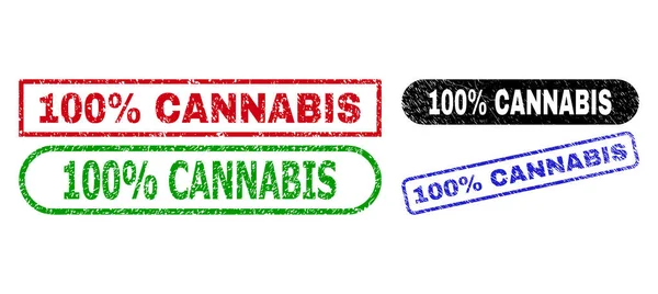 100 Percent CANNABIS Rectangle Stamp Seals with Distress Texture — Stock Vector
