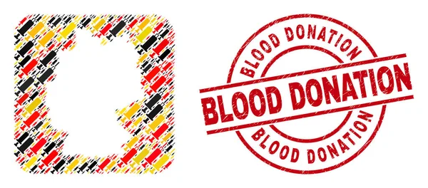 Blood Donation Textured Stamp Seal and German Map Stencil Collage of Blood Syringe Items in German Flag Colors — Stock Vector