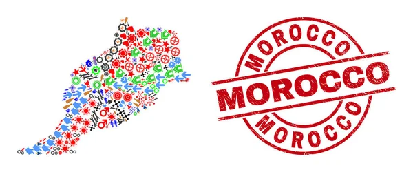 Marrocos arranhou o distintivo e Marrocos mapa Mosaico de símbolos diferentes — Vetor de Stock