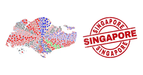 Singapur-Seenotzeichen und Singapur-Kartenmosaik mit verschiedenen Symbolen — Stockvektor