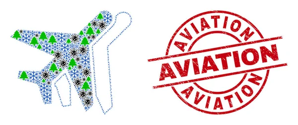 Etiqueta texturizada de aviación y collage de aviación de artículos de invierno covid — Vector de stock