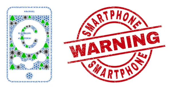 Smartphone Warning Sello rayado Sello y Euro Chart móvil Collage of Covid-19 Artículos de invierno — Vector de stock