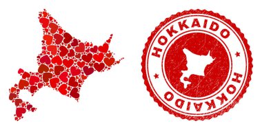 Heart Mozaik Hokkaido Haritası ve Grunge Mühür İçi Harita