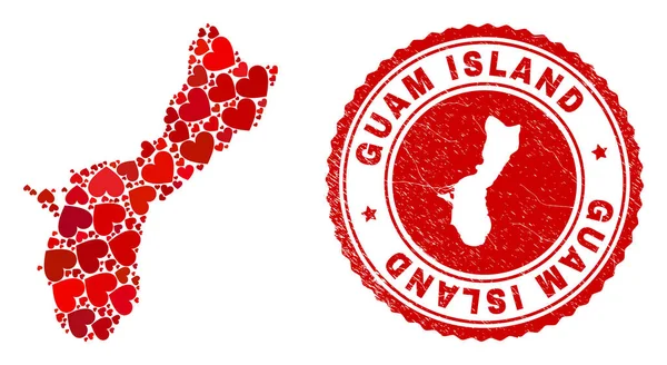 Corazón Mosaico Guam Island Mapa y Sello Grunge con Mapa Interior — Vector de stock