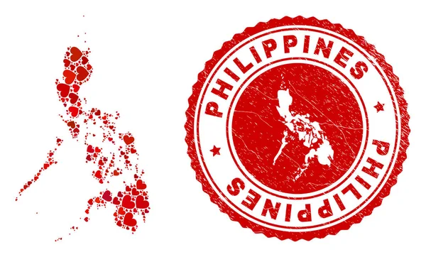 バレンタイン・モザイク・フィリピン地図と切手地図｜Inside — ストックベクタ