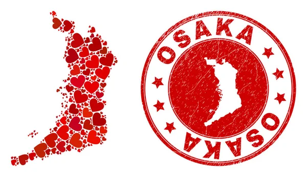 Carte de la préfecture d'Osaka Love Mosaic et insigne de Grunge avec carte à l'intérieur — Image vectorielle
