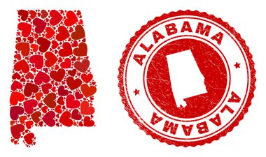 Sevgililer Günü Kolajı Alabama Eyaleti Haritası ve Grunge Damgası İçinde Harita
