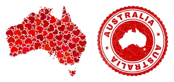 愛モザイクオーストラリア地図と内部地図とグランジスタンプシール — ストックベクタ