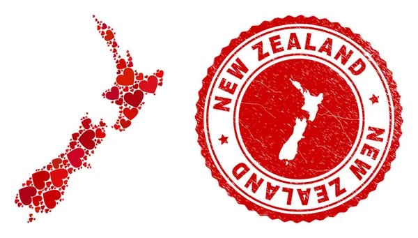 Lovely Collage Νέα Ζηλανδία Χάρτης και Grunge Σφραγίδα με χάρτη στο εσωτερικό — Διανυσματικό Αρχείο