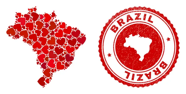 Mapa de Love Collage Brasil e selo Grunge com mapa dentro —  Vetores de Stock