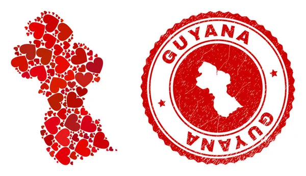 Precioso mosaico Guyana Mapa y Grunge Sello con Mapa Interior — Vector de stock