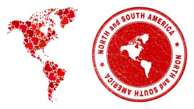 Kalp Çarpışması Güney ve Kuzey Amerika Haritası ve Grunge Mührü İçinde Harita