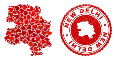 Kalp Kolajı Yeni Delhi Şehir Haritası ve Grunge Rozeti İçinde Harita