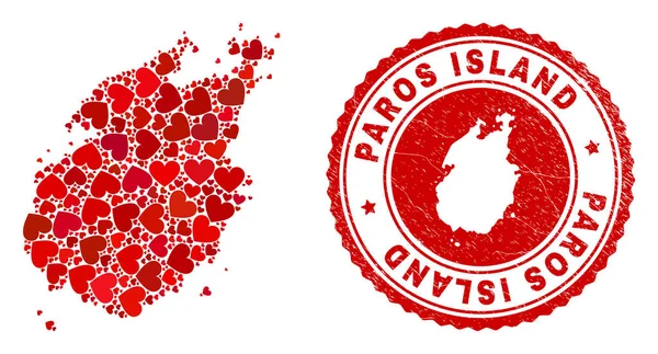 Carte de l'île de Love Mosaic Paros et insigne de Grunge avec carte à l'intérieur — Image vectorielle