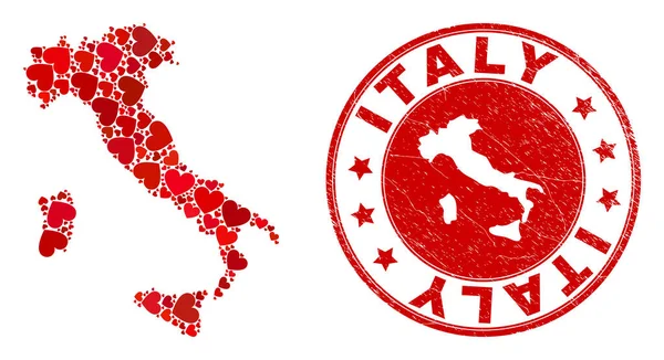 San Valentino Mosaico Italia Mappa e Grunge Seal con Mappa Interna — Vettoriale Stock