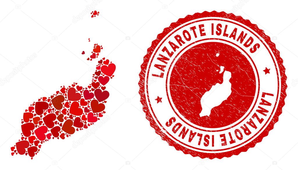 Love Mosaic Lanzarote Islands Map and Grunge Seal with Map Inside