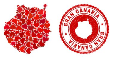 Kalp Mozaiği Gran Kanarya Haritası ve Grunge Rozeti İçinde Harita