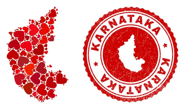 Belle Mosaïque Karnataka State Carte et Grunge Timbre avec Carte à l'intérieur — Image vectorielle