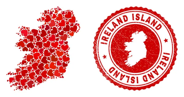 Love Mosaic Irsko Mapa ostrova a Grunge Razítko s mapou uvnitř — Stockový vektor