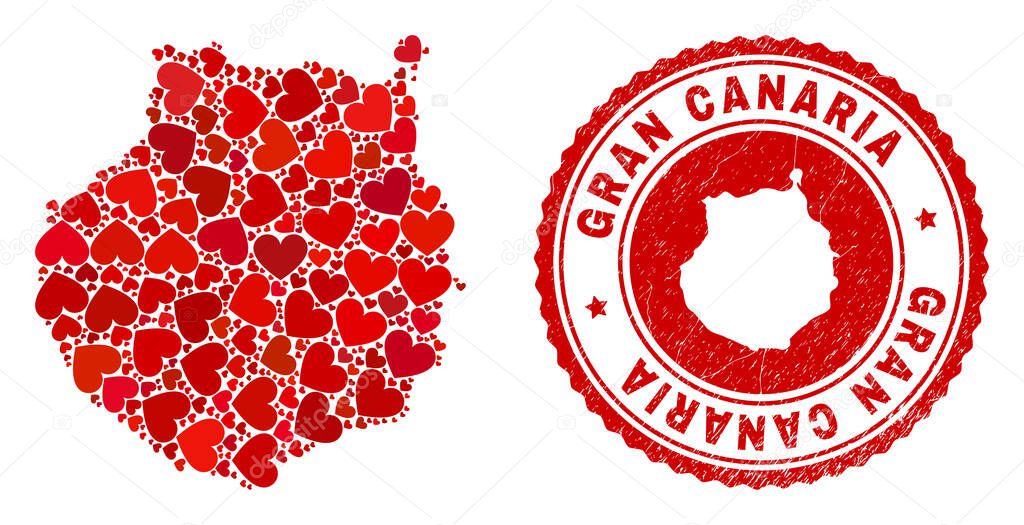 Heart Mosaic Gran Canaria Map and Grunge Badge with Map Inside